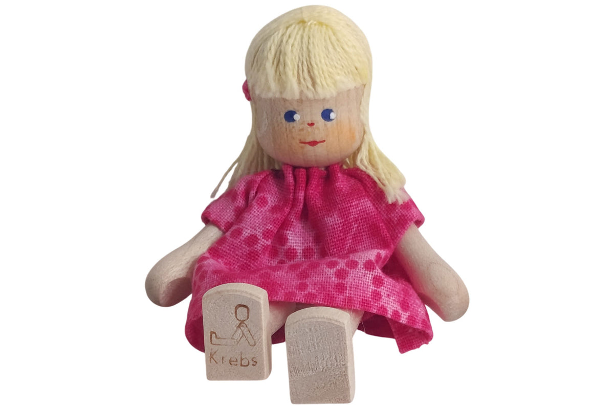 Anne Krebs Miniatur Puppe Mädchen, Kleid rosa Haare blond offen