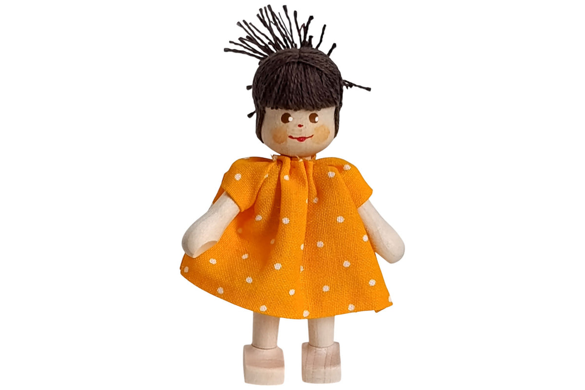 Anne Krebs Miniatur Puppe Mädchen, Kleid orange, Pferdeschwanz braun