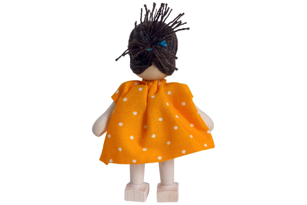 Anne Krebs Miniatur Puppe Mädchen, Kleid orange, Pferdeschwanz braun