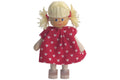 Anne Krebs Miniatur Puppe Mädchen, Kleid rot, Haare blond mit Zöpfen