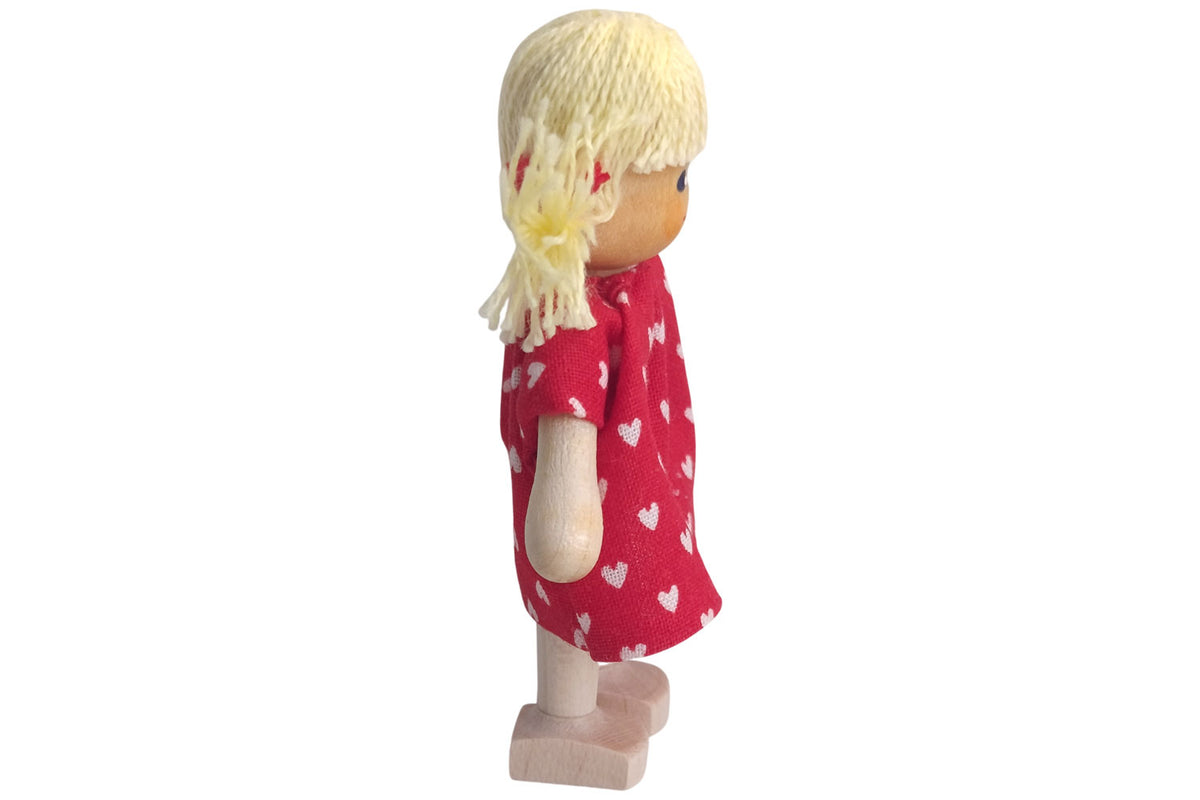 Anne Krebs Miniatur Puppe Mädchen, Kleid rot, Haare blond mit Zöpfen