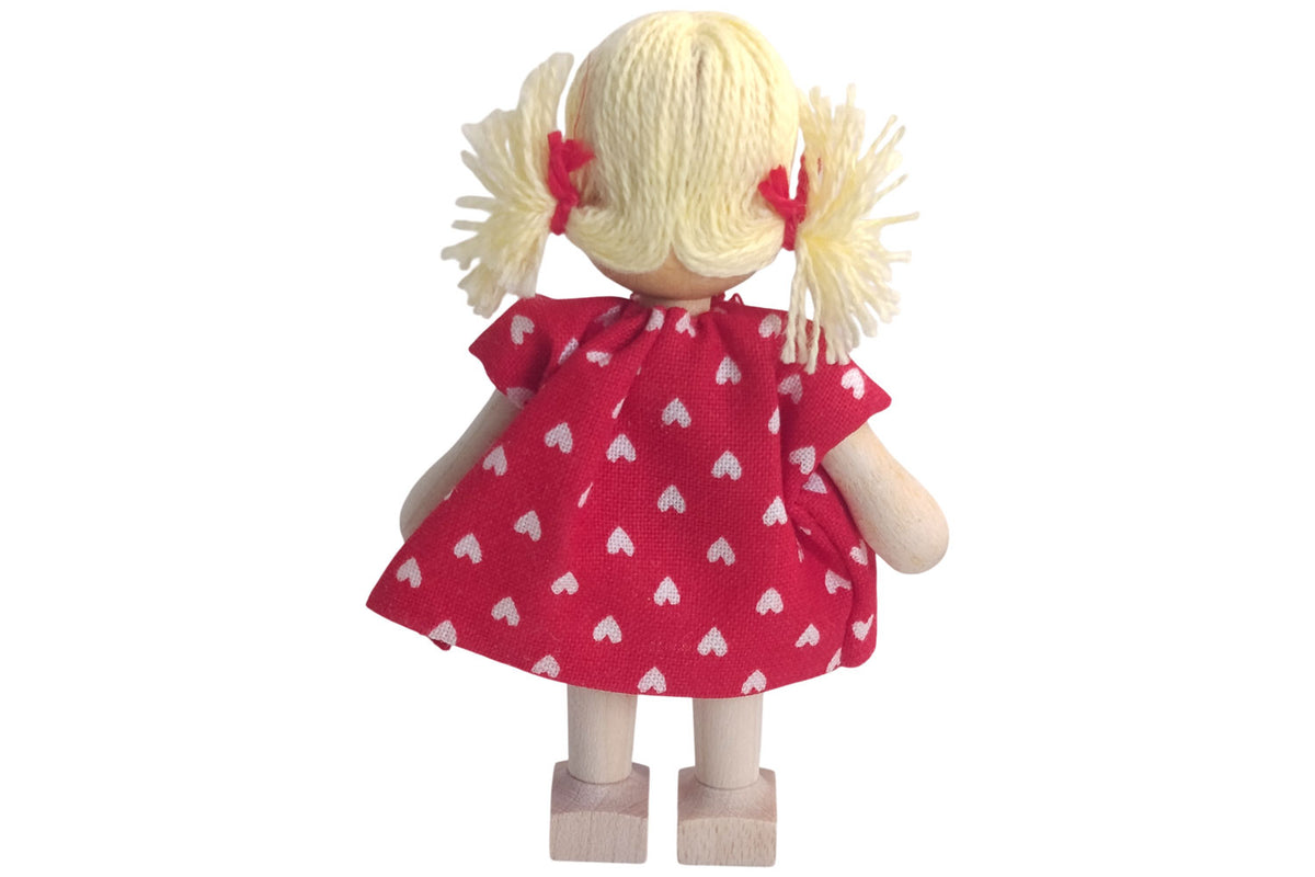 Anne Krebs Miniatur Puppe Mädchen, Kleid rot, Haare blond mit Zöpfen