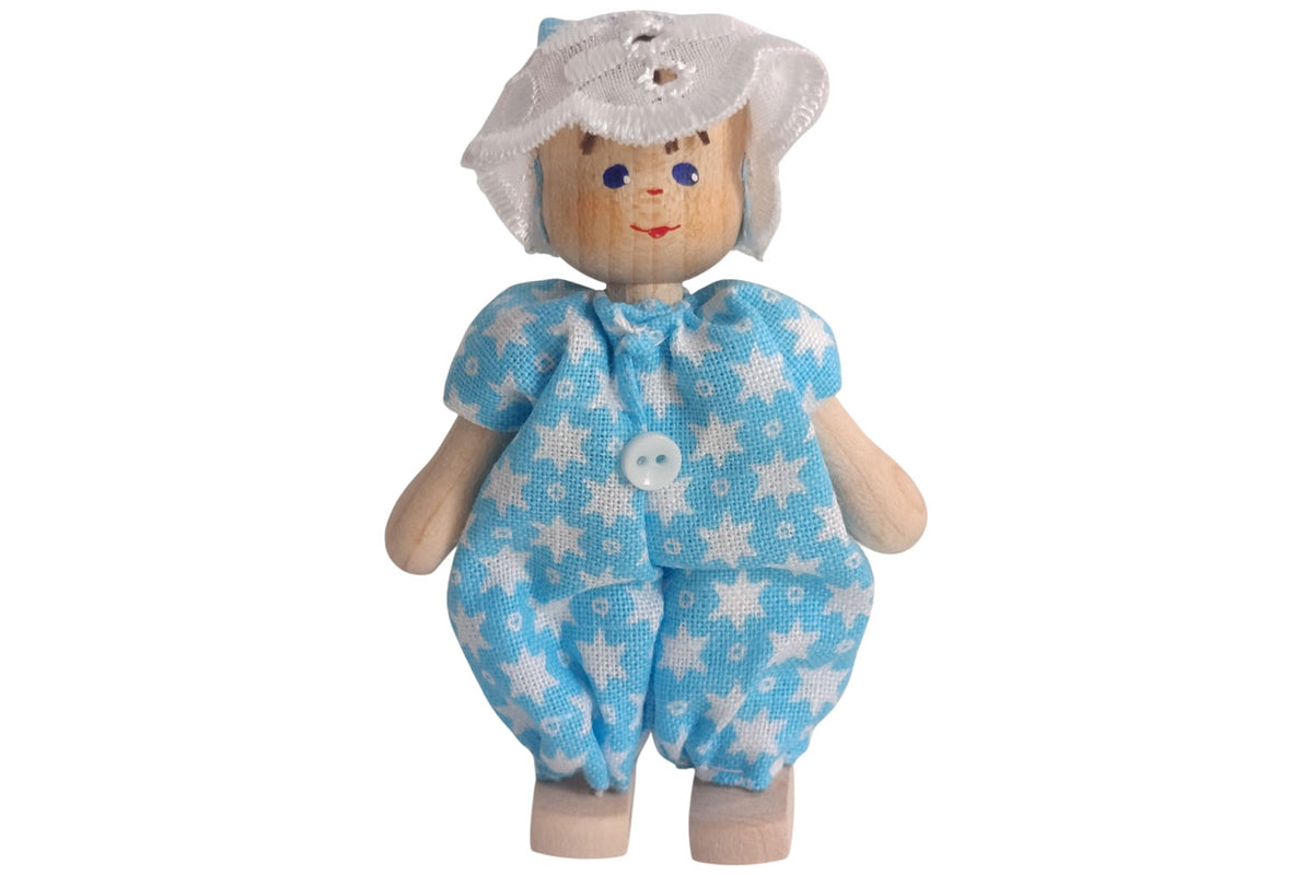 Anne Krebs Miniatur Puppe Baby, Strampelanzug blau