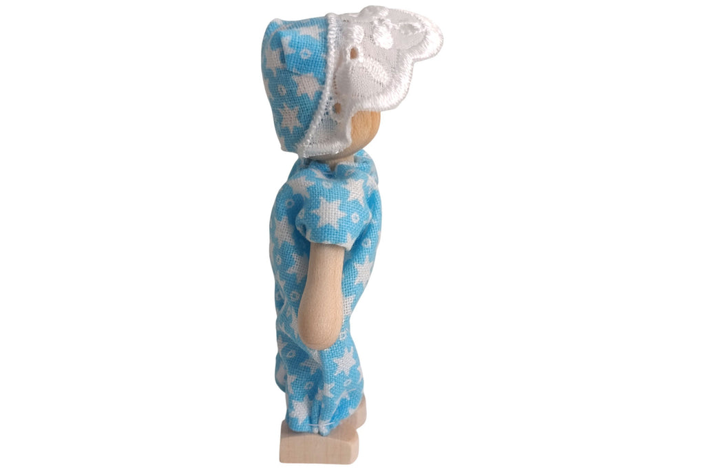 Anne Krebs Miniatur Puppe Baby, Strampelanzug blau