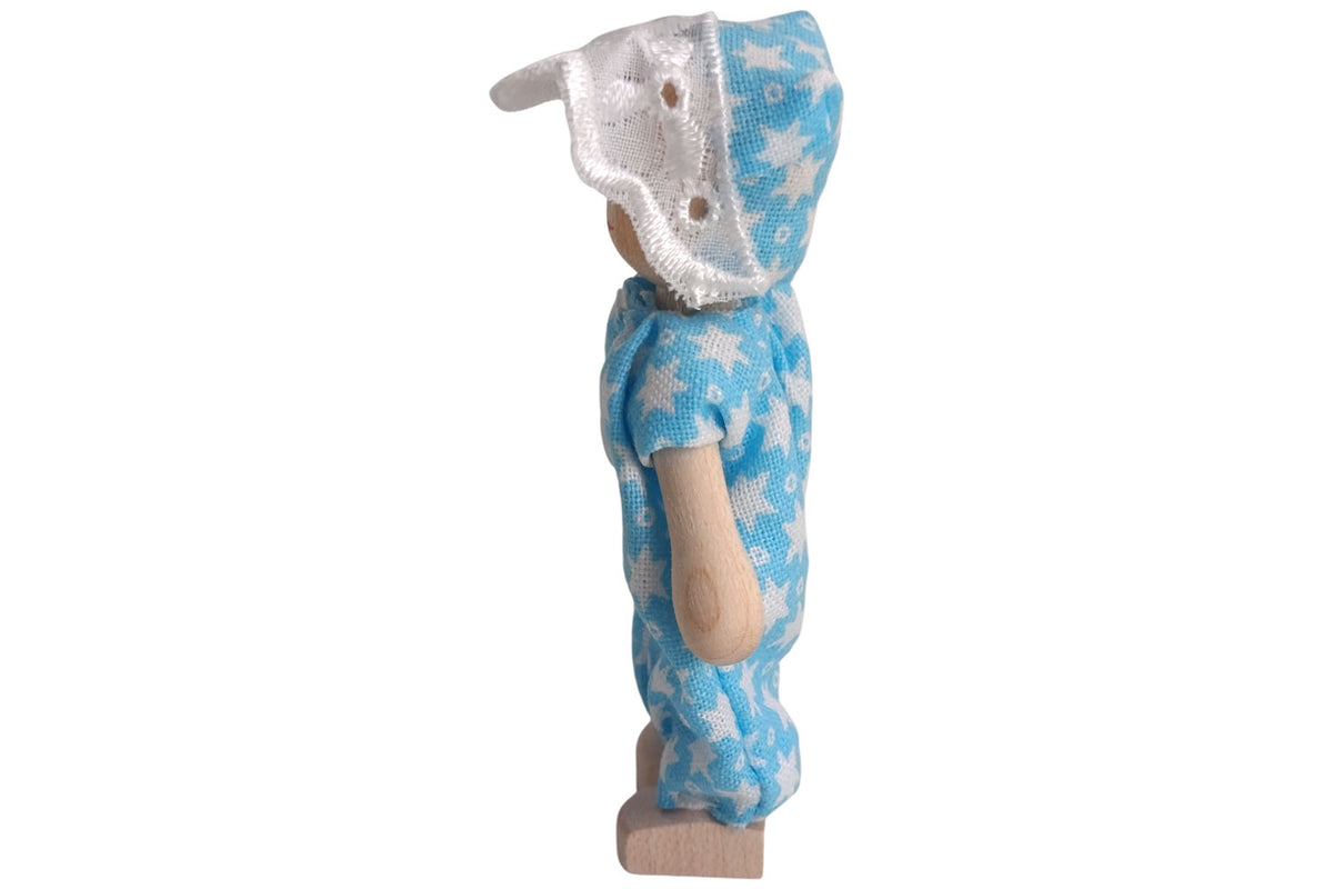 Anne Krebs Miniatur Puppe Baby, Strampelanzug blau