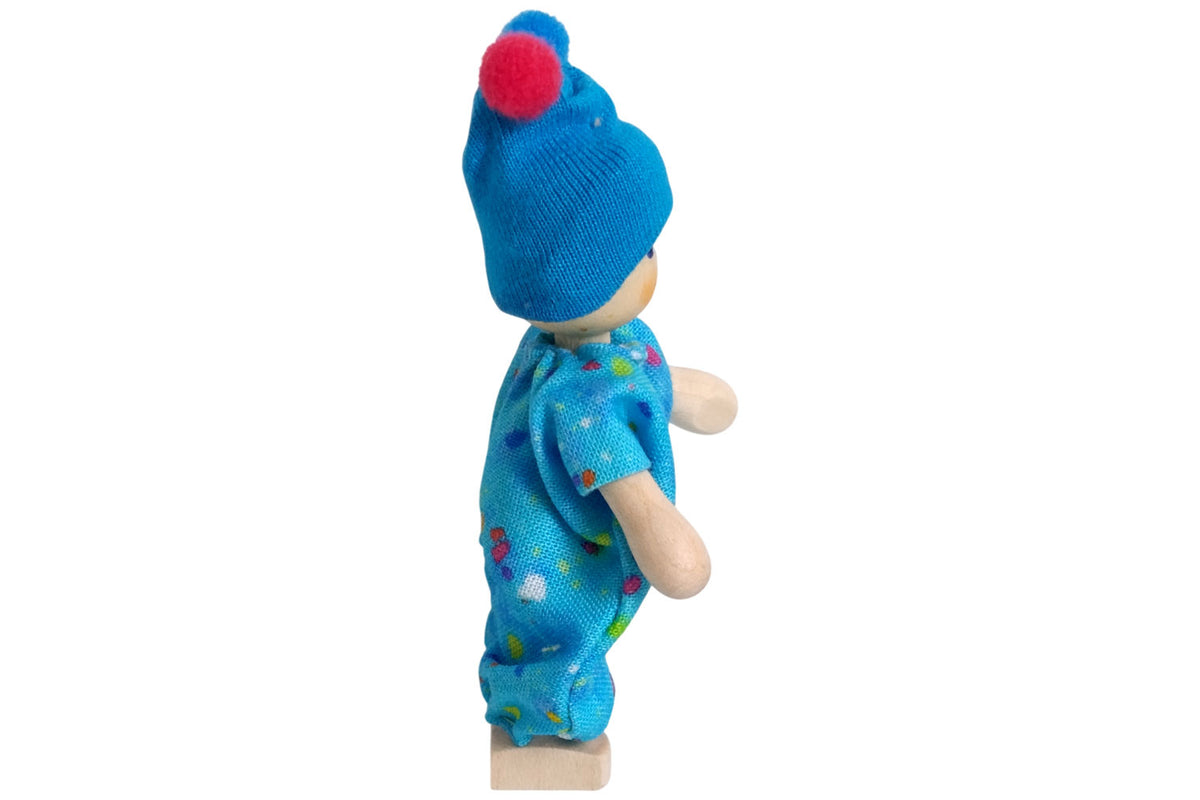 Anne Krebs Miniatur Baby mit Bommelmütze blau