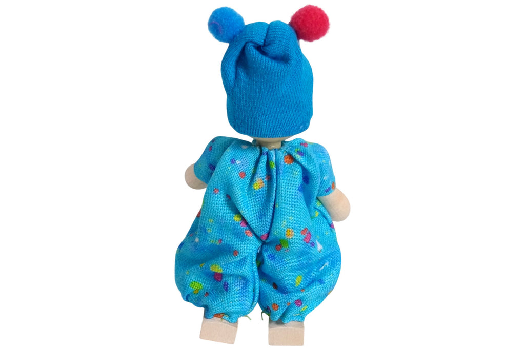 Anne Krebs Miniatur Baby mit Bommelmütze blau