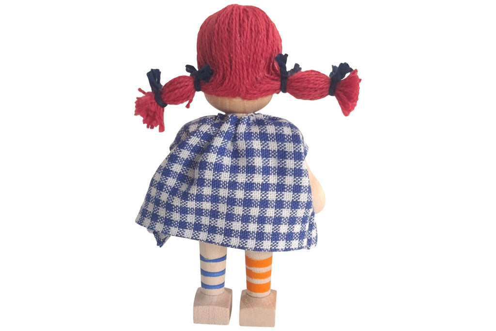 Anne Krebs Miniatur Puppe Mädchen Kleid weiss/blau karriert, Sommersprossen, Haare rot