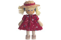 Anne Krebs Miniatur Puppe Mädchen, Sonnenhut, Kleid rot, Haare blond mit Zöpfen