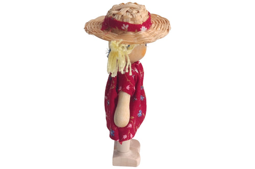 Anne Krebs Miniatur Puppe Mädchen, Sonnenhut, Kleid rot, Haare blond mit Zöpfen