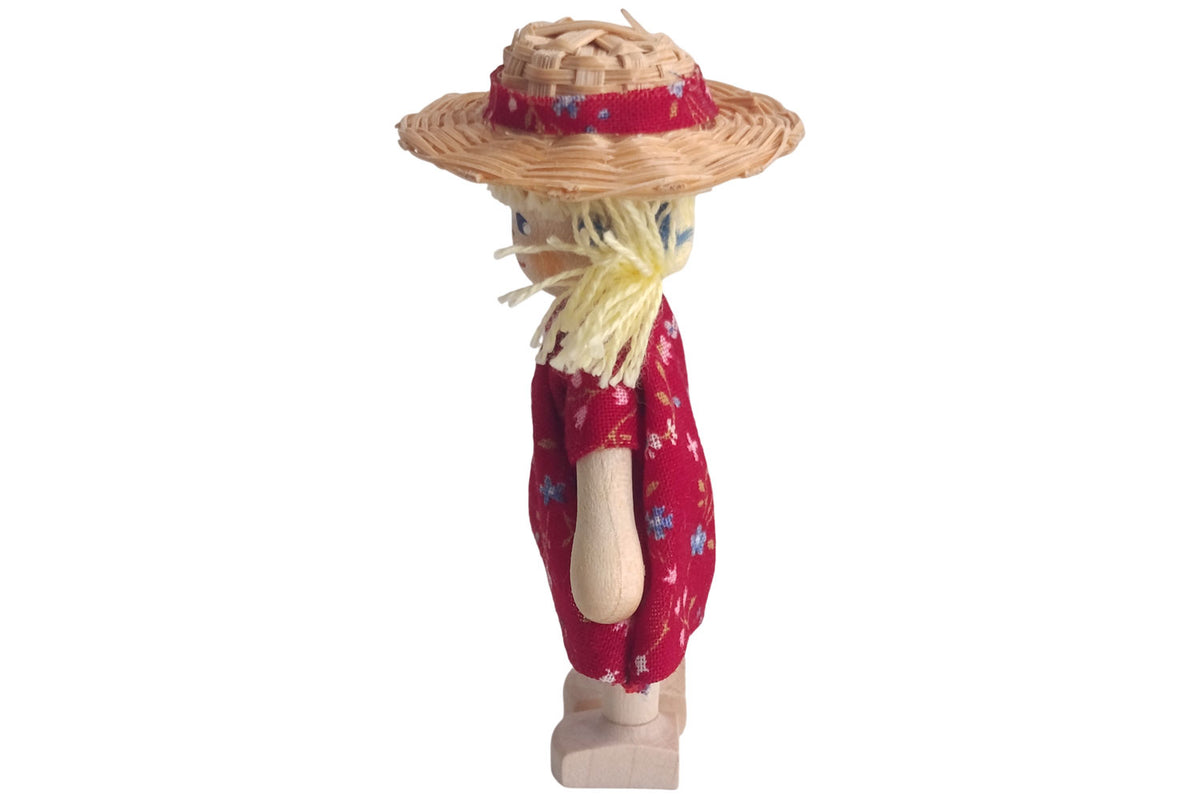 Anne Krebs Miniatur Puppe Mädchen, Sonnenhut, Kleid rot, Haare blond mit Zöpfen