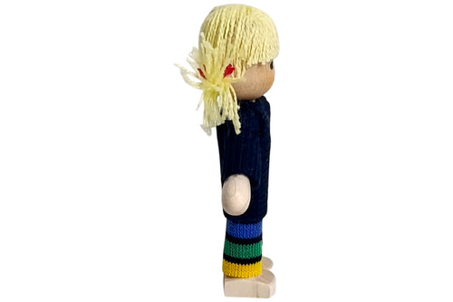 Anne Krebs Miniatur Puppe Mädchen Pullover dunkelblau Hose gestreift Haare blond