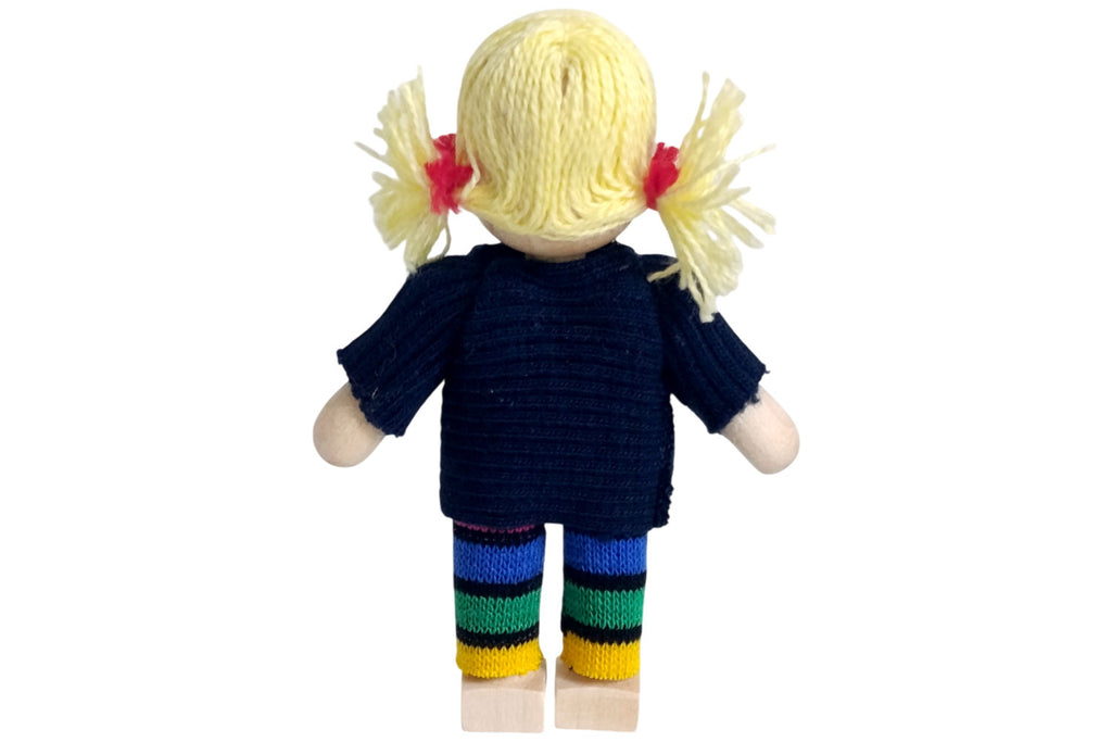 Anne Krebs Miniatur Puppe Mädchen Pullover dunkelblau Hose gestreift Haare blond