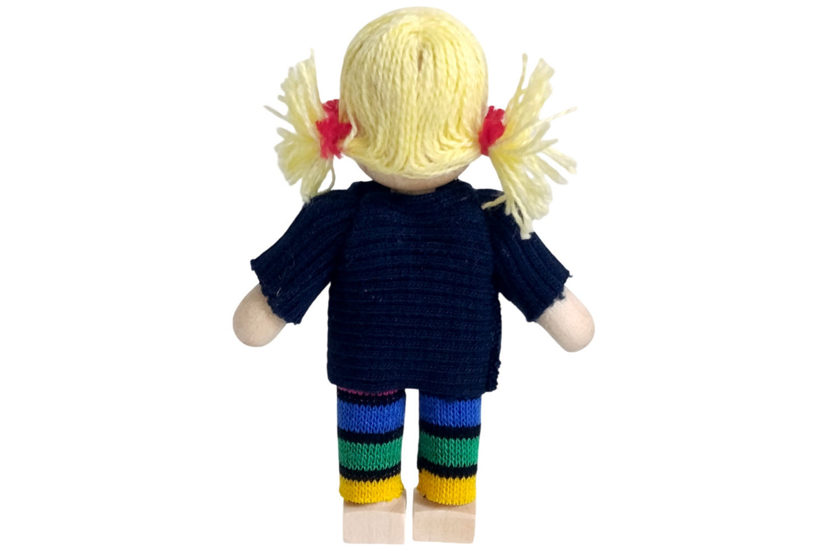Anne Krebs Miniatur Puppe Mädchen Pullover dunkelblau Hose gestreift Haare blond