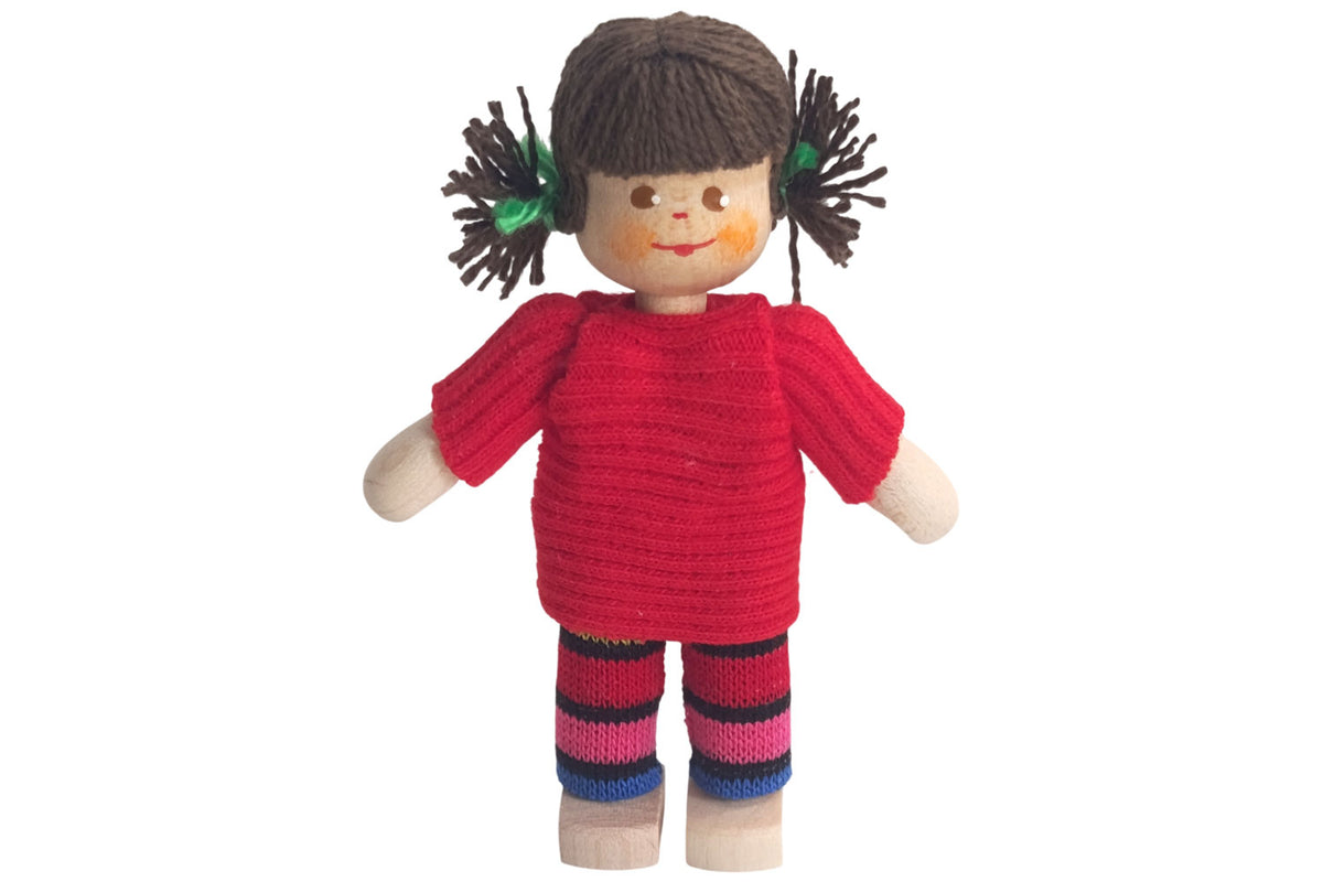 Anne Krebs Miniatur Puppe Mädchen, Pullover rot, Haare braun