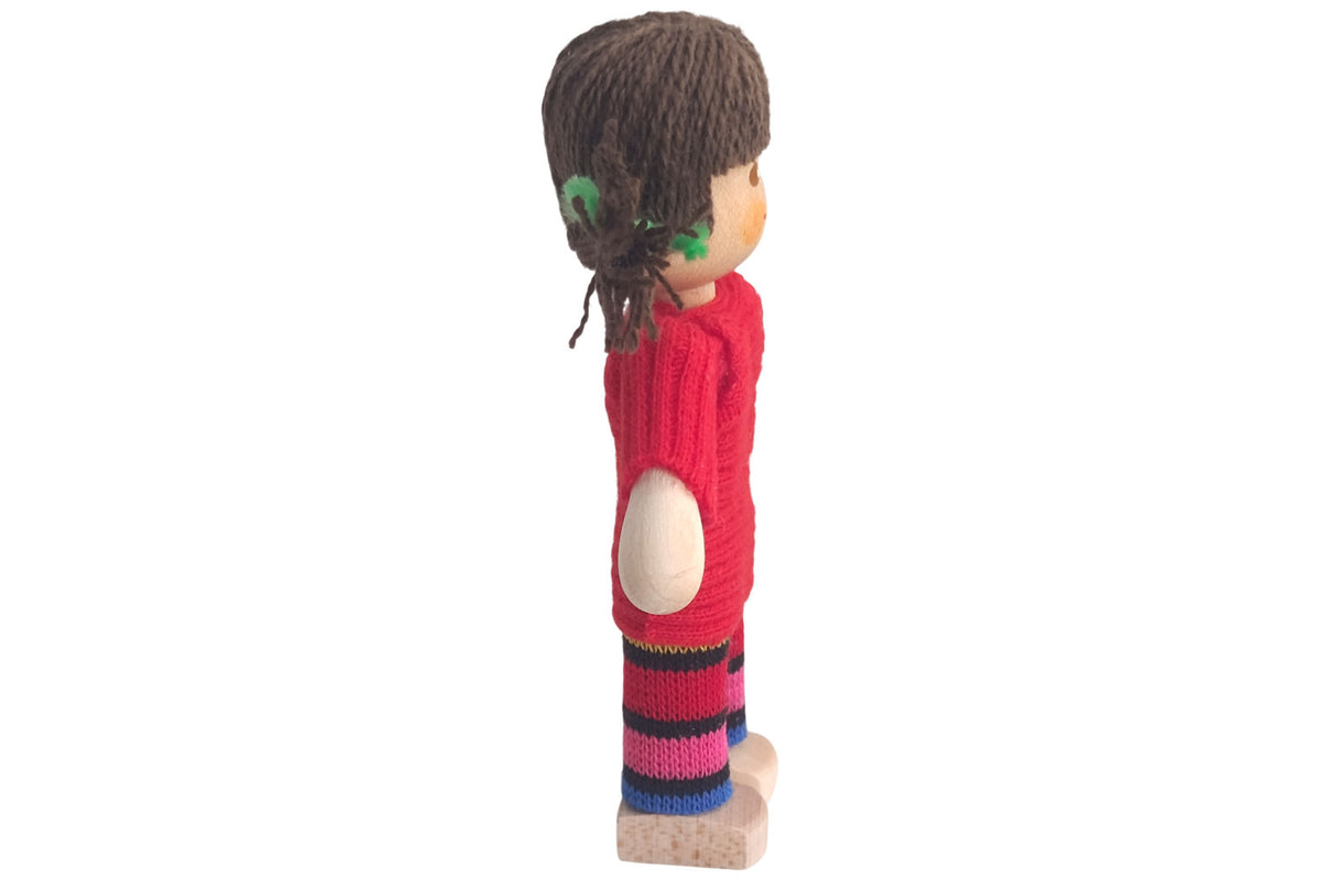 Anne Krebs Miniatur Puppe Mädchen, Pullover rot, Haare braun