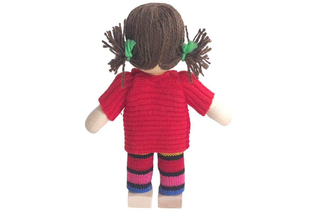 Anne Krebs Miniatur Puppe Mädchen, Pullover rot, Haare braun