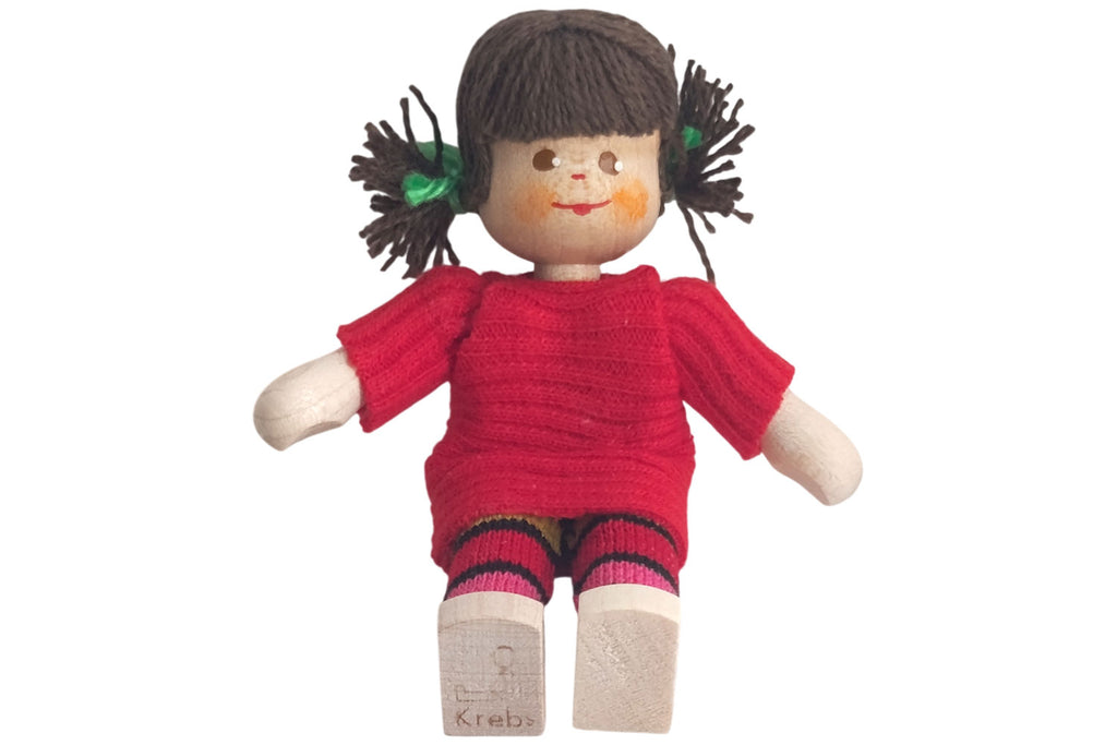 Anne Krebs Miniatur Puppe Mädchen, Pullover rot, Haare braun
