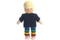 Anne Krebs Miniatur Puppe Junge, Pullover schwarz, Hose bunt, Haare blond