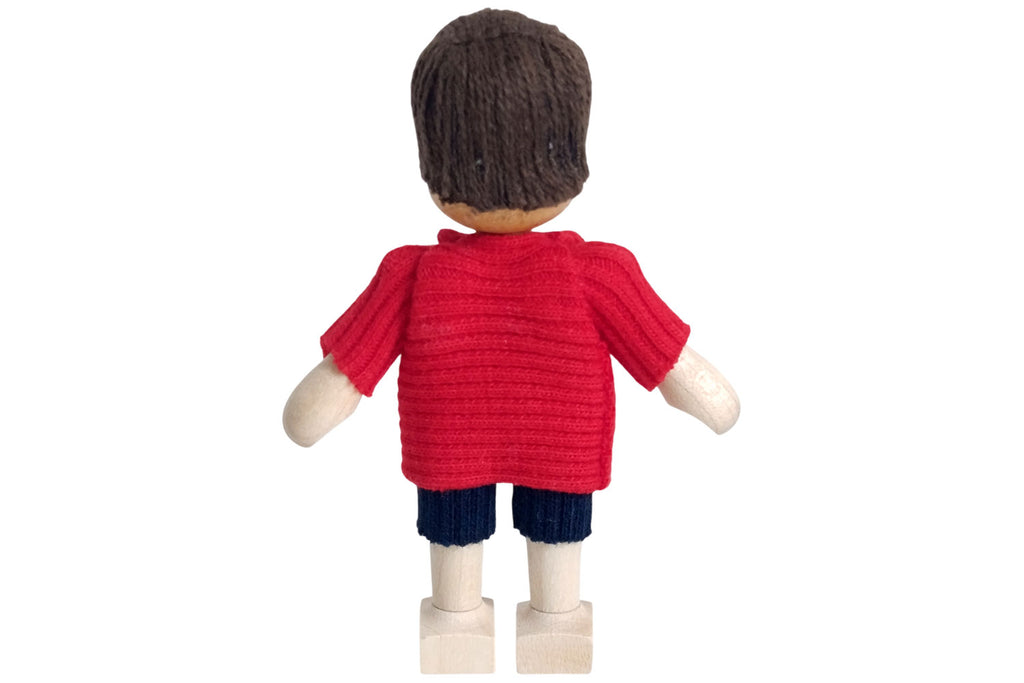 Anne Krebs Miniatur Puppe Junge, Shirt mit Herz rot, Haare braun