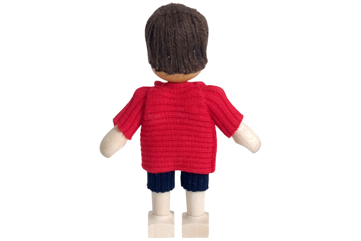 Anne Krebs Miniatur Puppe Junge, Shirt mit Herz rot, Haare braun
