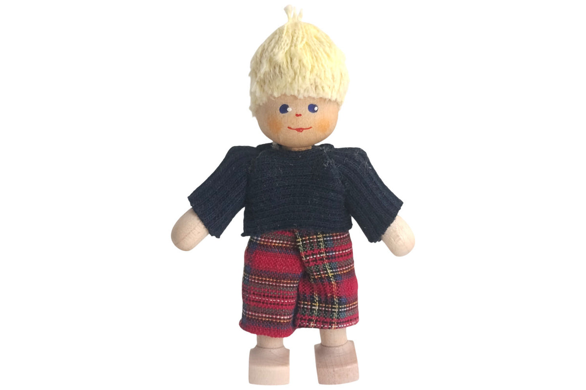 Anne Krebs Miniatur Puppe Junge, Shirt blau, Hose kariert, Haare blond
