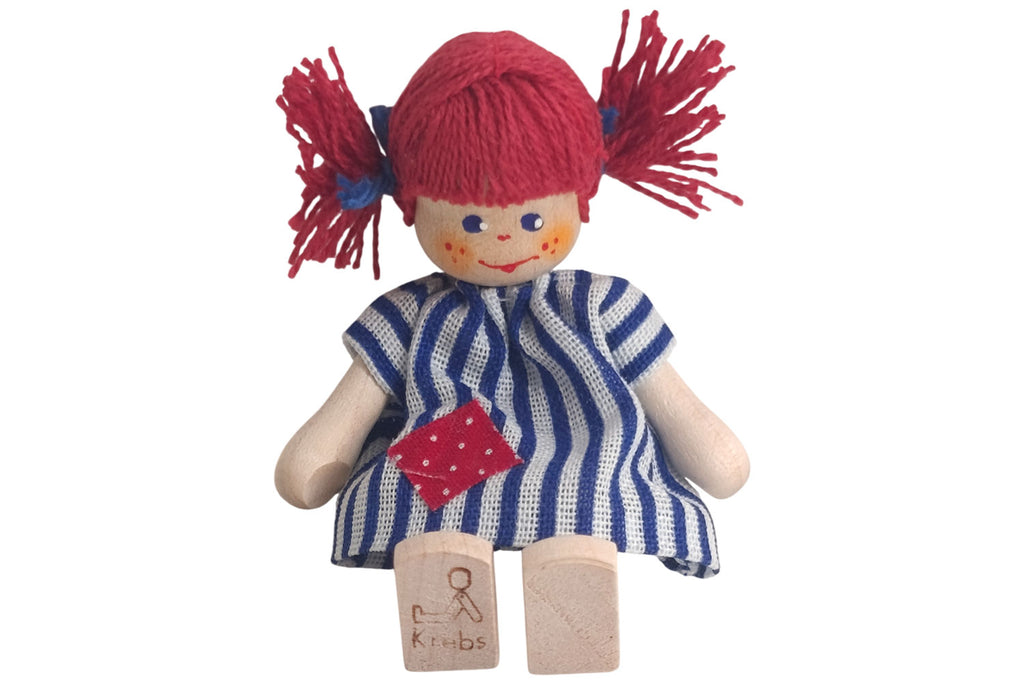 Anne Krebs Miniatur Puppe Mädchen Kleid weiss/blau gestreift, Sommersprossen, Haare rot