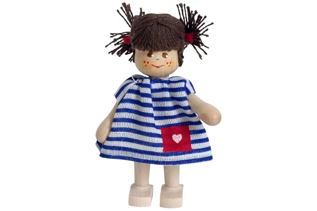 Anne Krebs Miniatur Puppe Mädchen Kleid blau/weiss, Sommersprossen, Haare braun