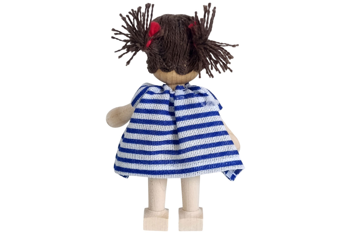 Anne Krebs Miniatur Puppe Mädchen Kleid blau/weiss, Sommersprossen, Haare braun