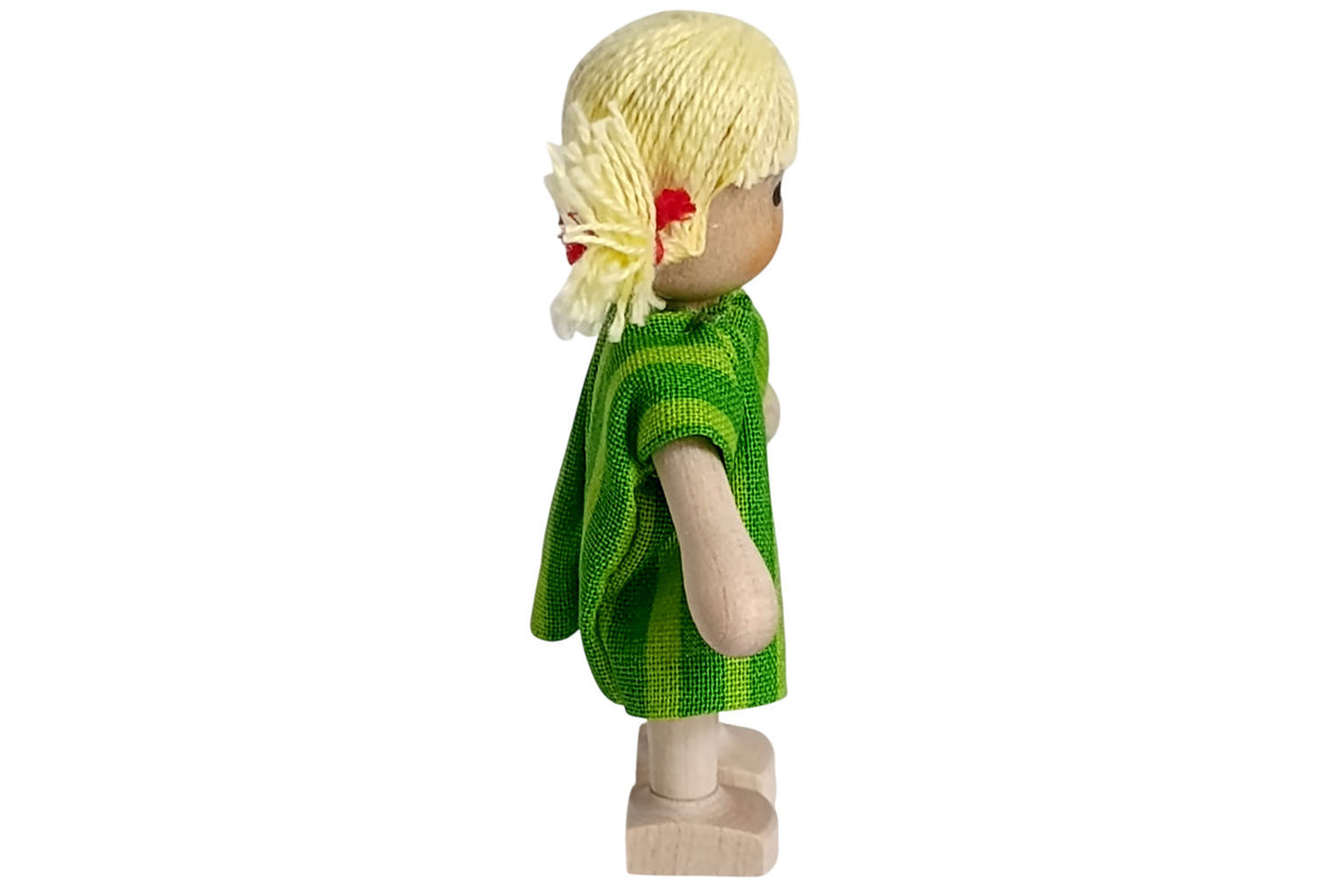 Anne Krebs Miniatur Puppe Mädchen Kleid grün, Haare blond