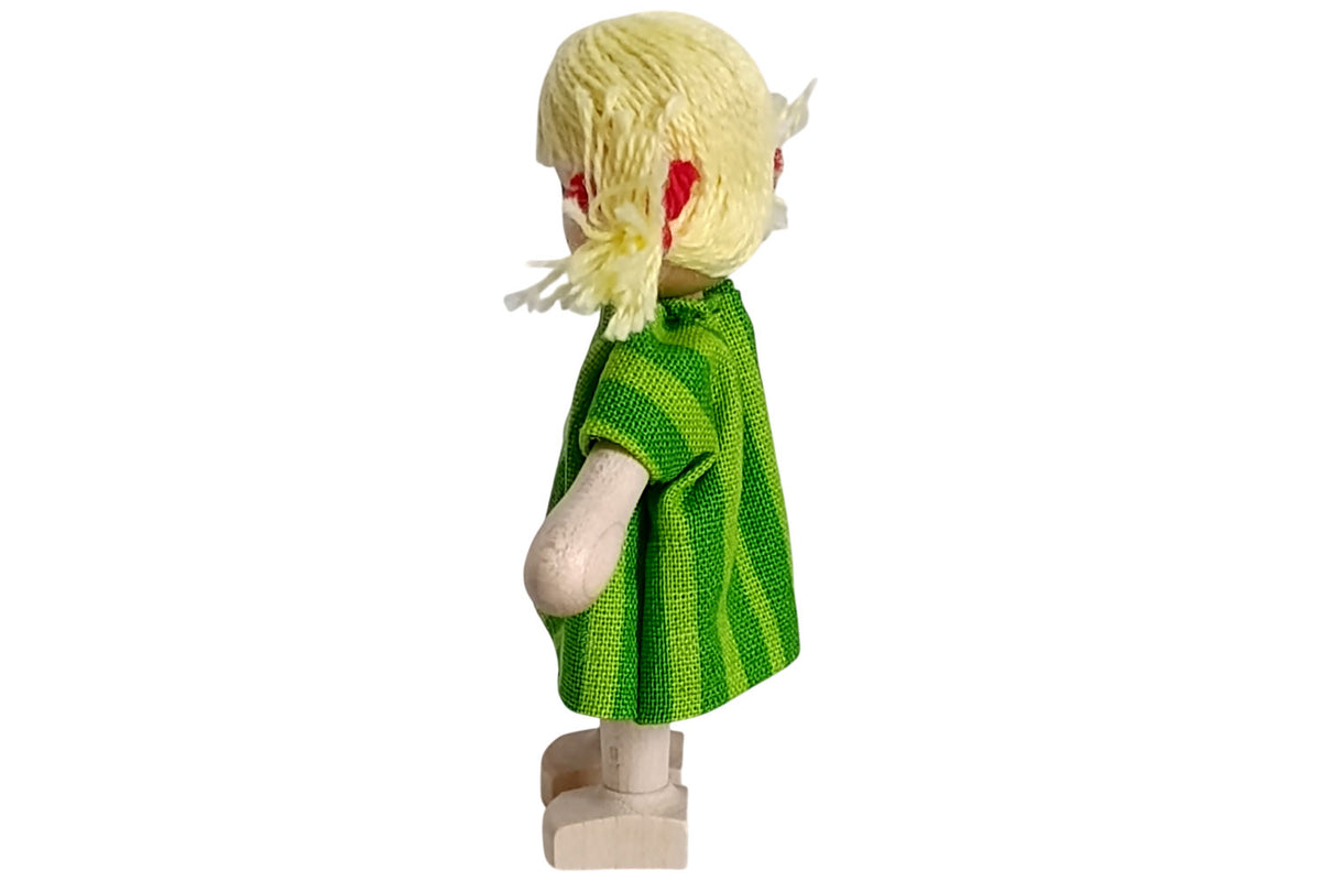 Anne Krebs Miniatur Puppe Mädchen Kleid grün, Haare blond