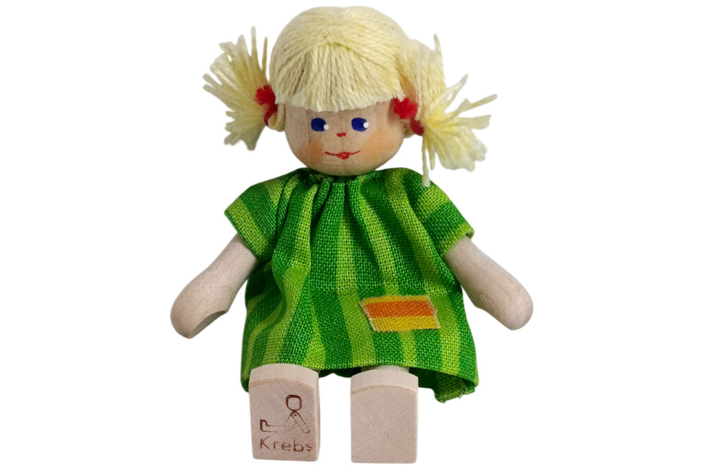 Anne Krebs Miniatur Puppe Mädchen Kleid grün, Haare blond