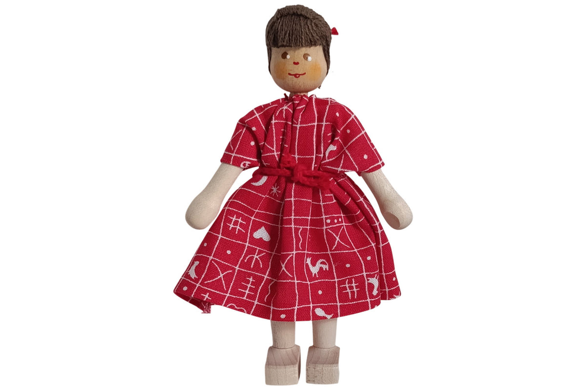 Anne Krebs Miniatur Puppe Mutter, Kleid rot, Haare braun