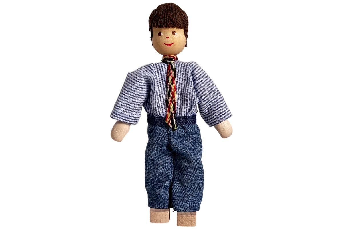 Anne Krebs Miniatur Puppe Vater, Hemd mit Krawatte, Jeans, Haare braun