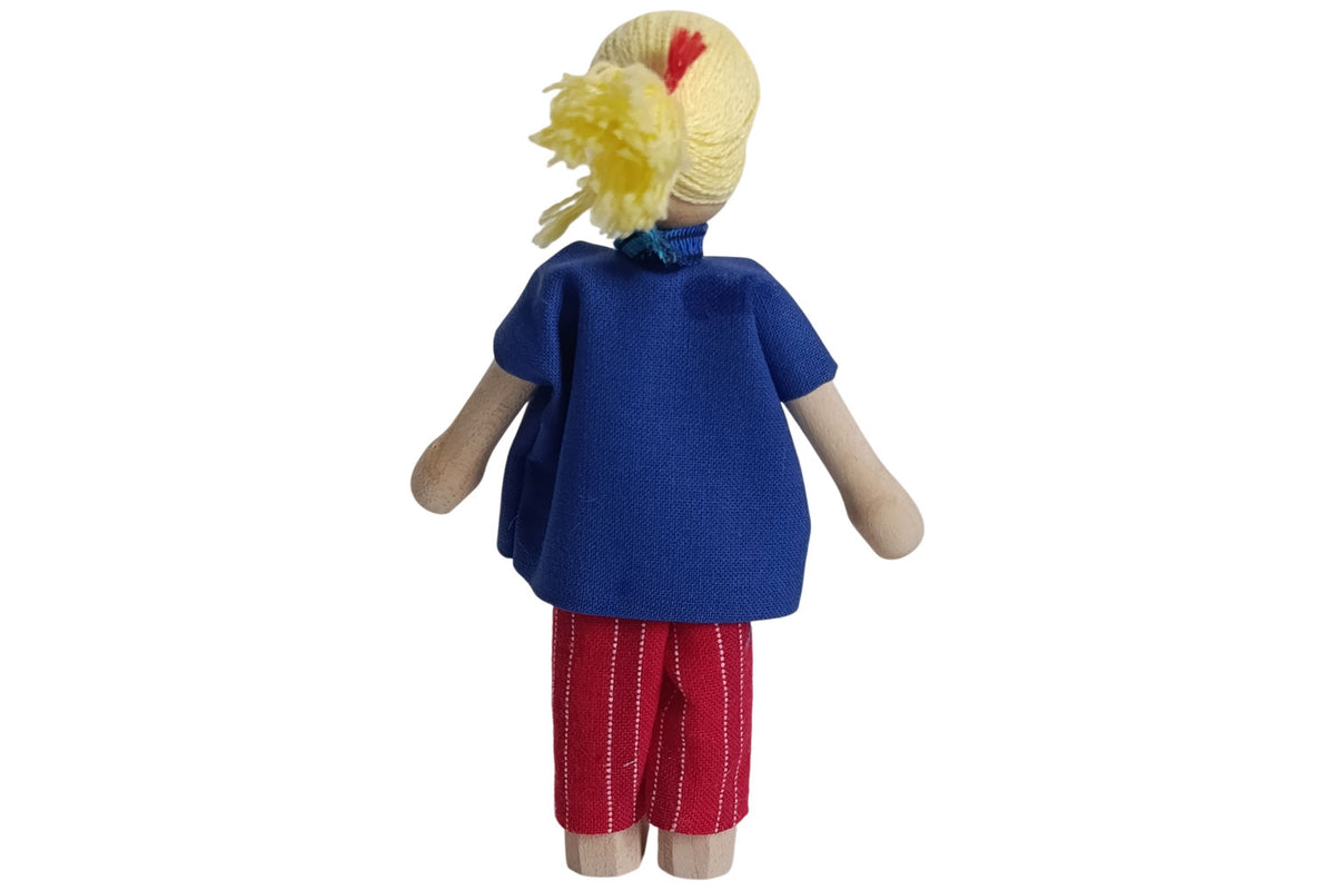 Anne Krebs Miniatur Puppe Mutter, Jeansbluse, Hose rot, Haare blond