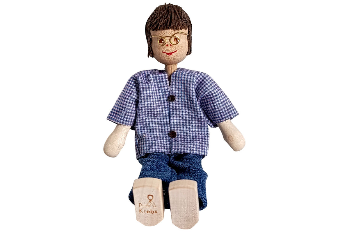 Anne Krebs Miniatur Puppe Vater, Hemd kariert, Brille, Haare braun