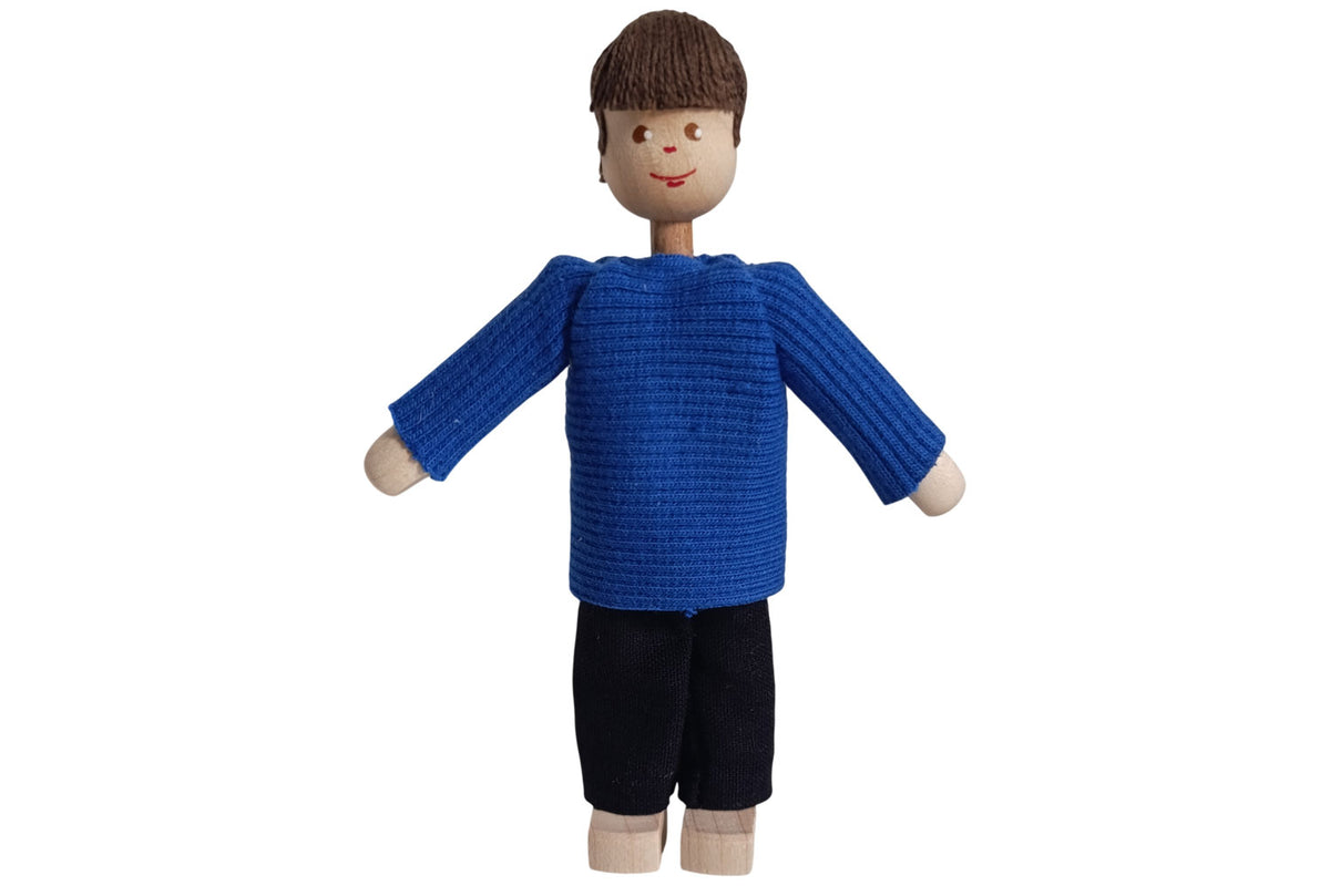 Anne Krebs Miniatur Puppe Vater, Pullover blau, Hose schwarz, Haare braun