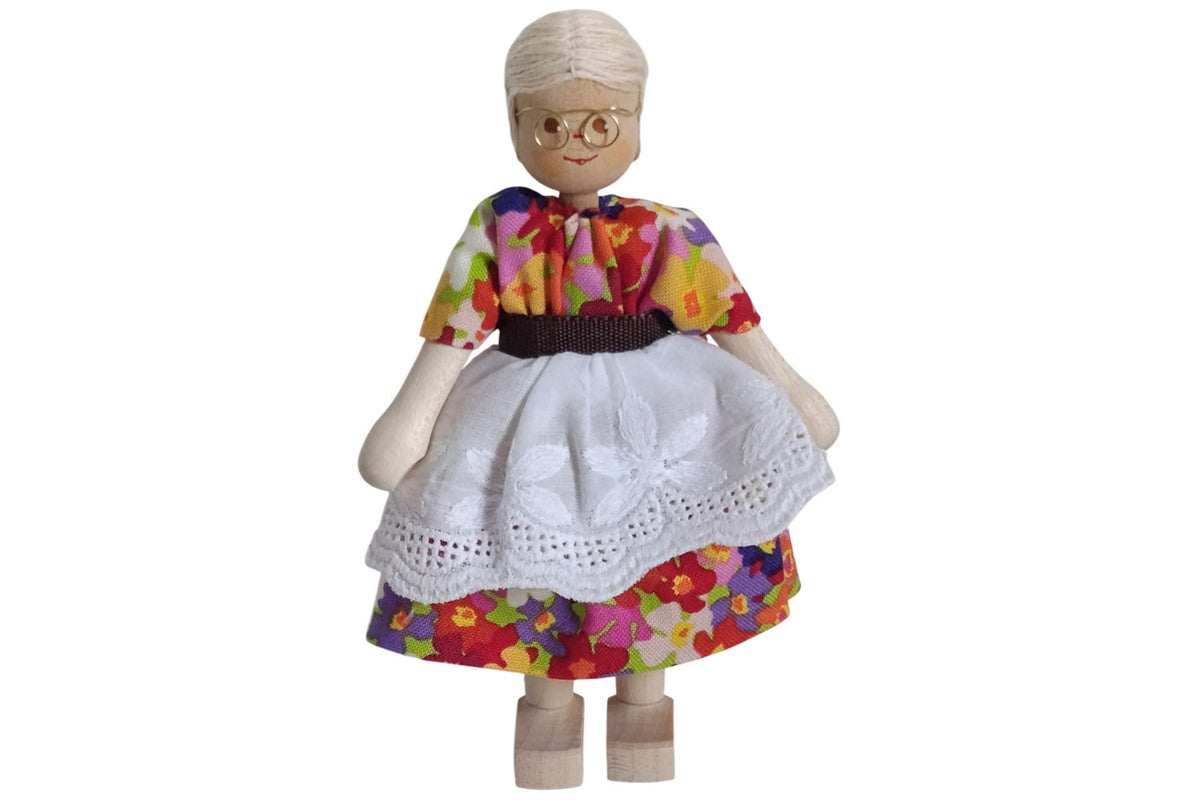 Anne Krebs Miniatur Puppe Oma mit Brille, Kleid mit Schürze, Haare weiss