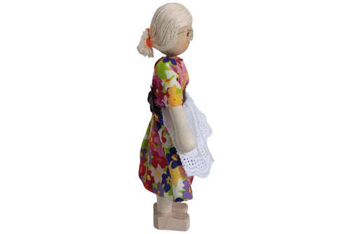 Anne Krebs Miniatur Puppe Oma mit Brille, Kleid mit Schürze, Haare weiss