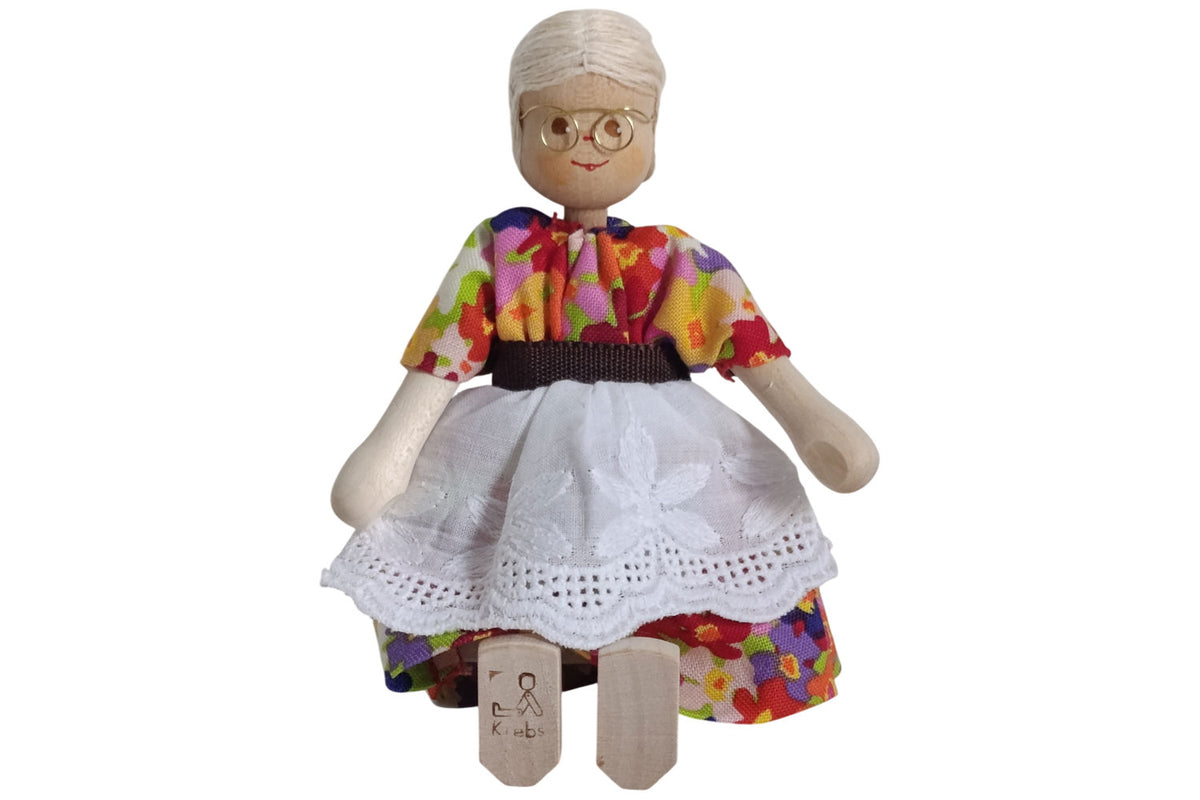 Anne Krebs Miniatur Puppe Oma mit Brille, Kleid mit Schürze, Haare weiss