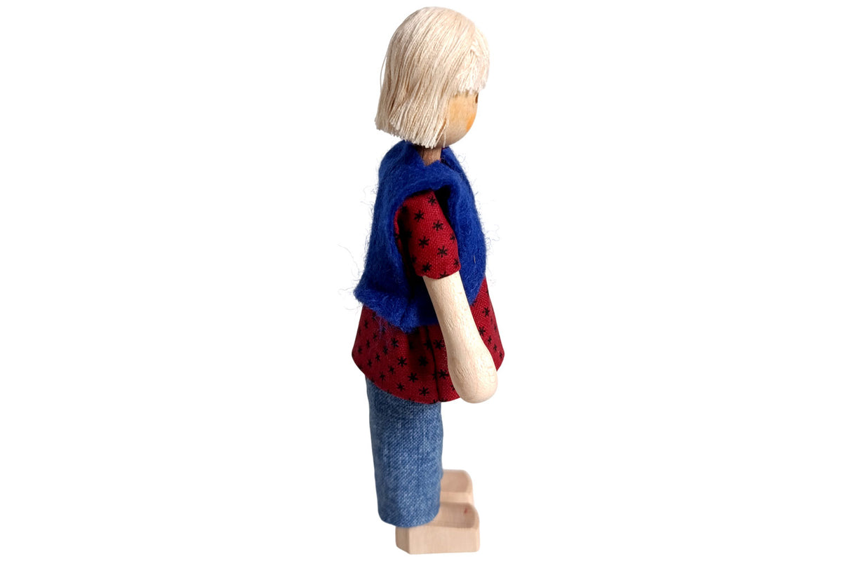 Anne Krebs Miniatur Puppe Oma, Bluse mit Weste, Hose, Haare weiss