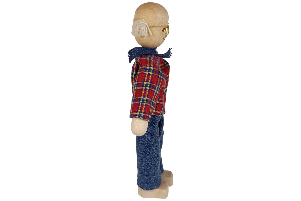 Anne Krebs Miniatur Puppe Opa mit Brille, Hemd kariert, Hose blau