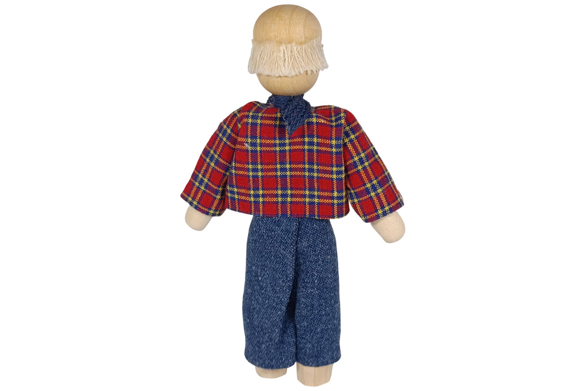 Anne Krebs Miniatur Puppe Opa mit Brille, Hemd kariert, Hose blau
