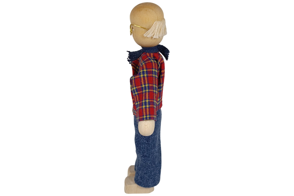 Anne Krebs Miniatur Puppe Opa mit Brille, Hemd kariert, Hose blau