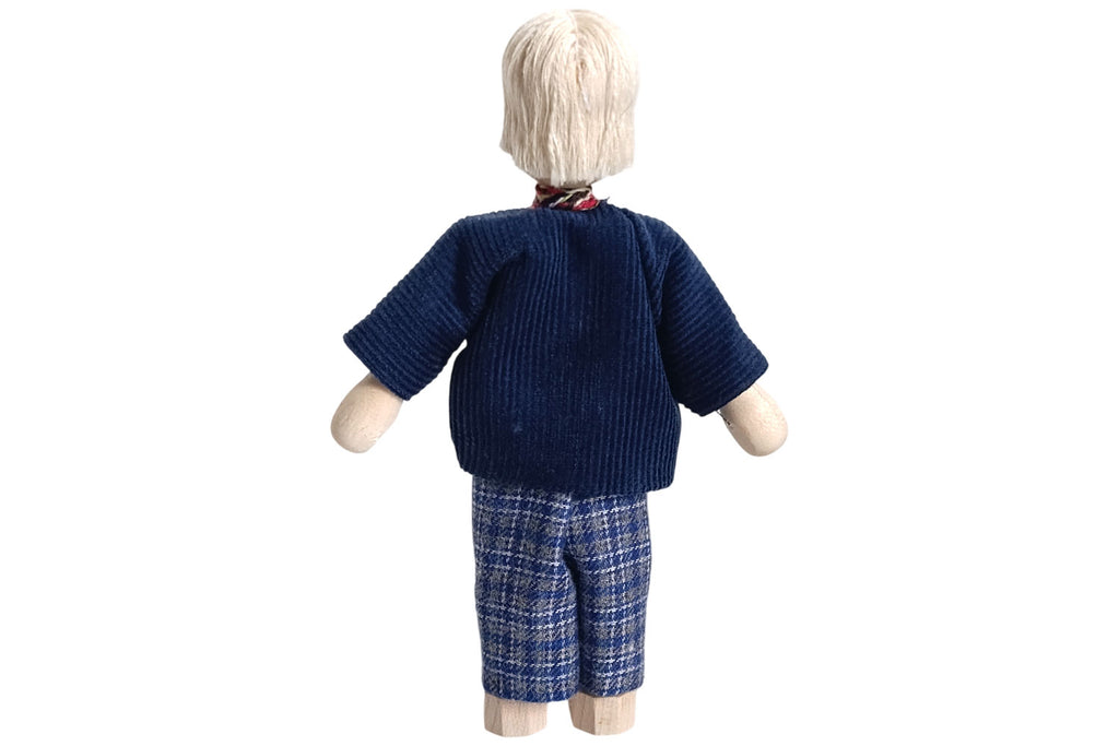 Anne Krebs Miniatur Puppe Opa, Strickjacke blau, Hose kariert, Haare weiss