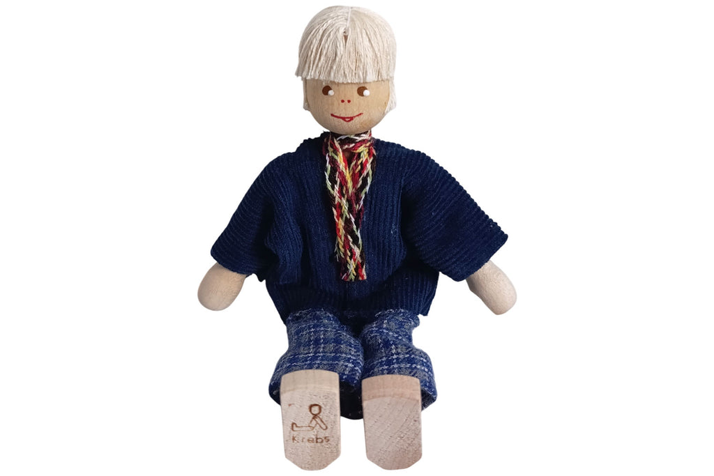 Anne Krebs Miniatur Puppe Opa, Strickjacke blau, Hose kariert, Haare weiss