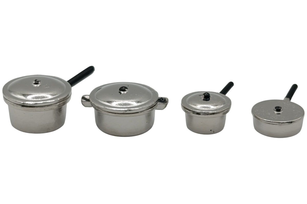 Dolls House 4829 Table Casseroles Argent 4 + Couvercle 1:12 Pour Poupées Neuf !#