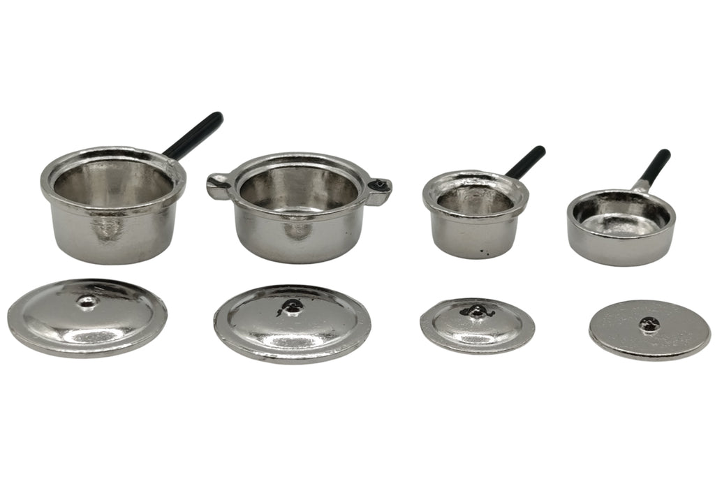 Dolls House 4829 Table Casseroles Argent 4 + Couvercle 1:12 Pour Poupées Neuf !#
