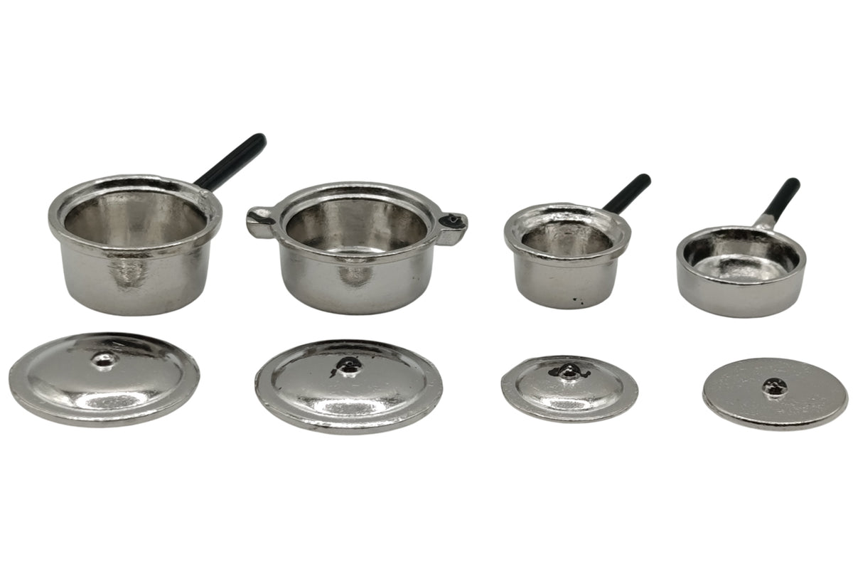 Dolls House 4829 Table Casseroles Argent 4 + Couvercle 1:12 Pour Poupées Neuf !#