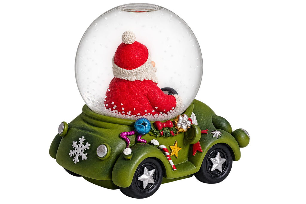 Sigro kleine Schneekugel dunkelgrün mit lustigen Auto & Weihnachtsmann